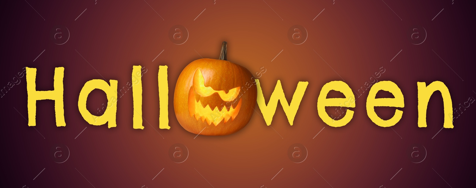Image of Halloween poster, banner design. Spooky Jack-O-Lantern instead of letter O against gradient background