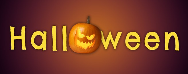 Image of Halloween poster, banner design. Spooky Jack-O-Lantern instead of letter O against gradient background