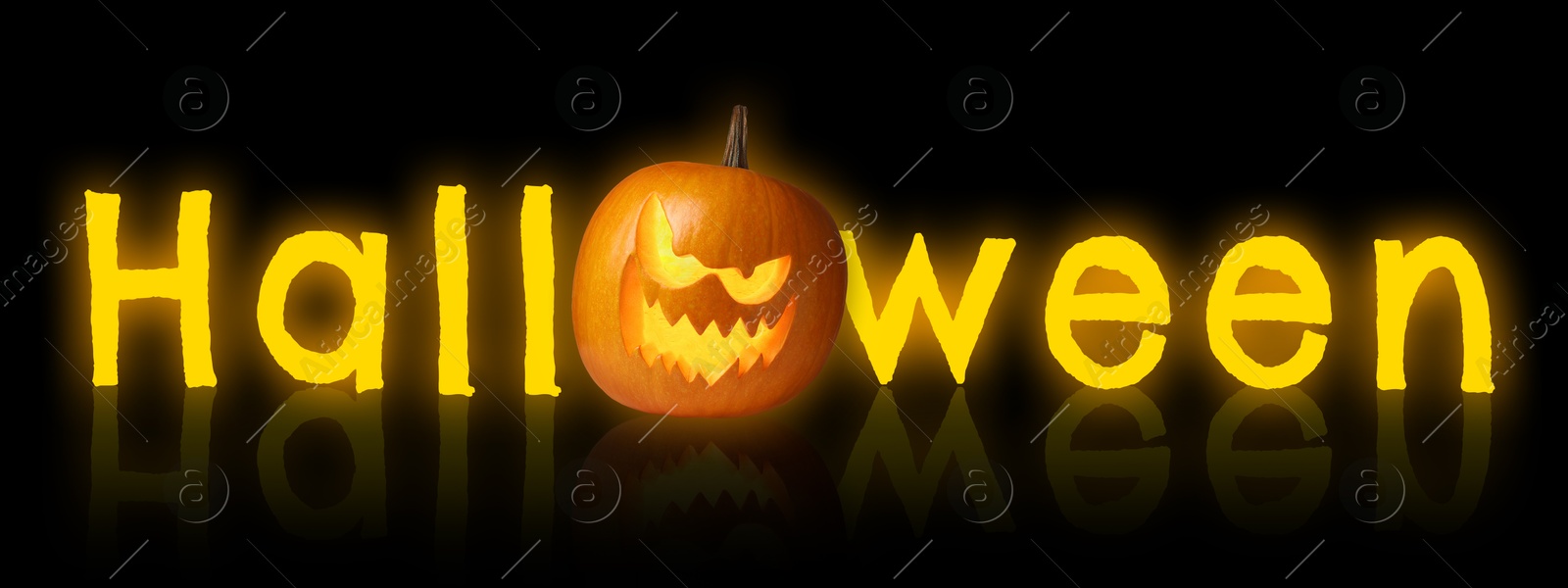 Image of Halloween poster, banner design. Spooky Jack-O-Lantern instead of letter O against black background