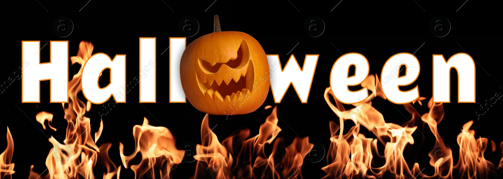 Image of Halloween poster, banner design. Spooky Jack-O-Lantern instead of letter O and flames against black background