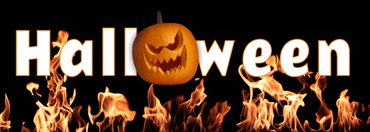 Image of Halloween poster, banner design. Spooky Jack-O-Lantern instead of letter O and flames against black background