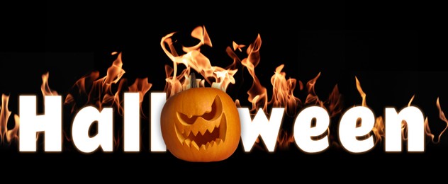 Image of Halloween poster, banner design. Spooky Jack-O-Lantern instead of letter O and flames against black background