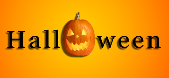 Image of Halloween poster, banner design. Spooky Jack-O-Lantern instead of letter O against orange gradient background