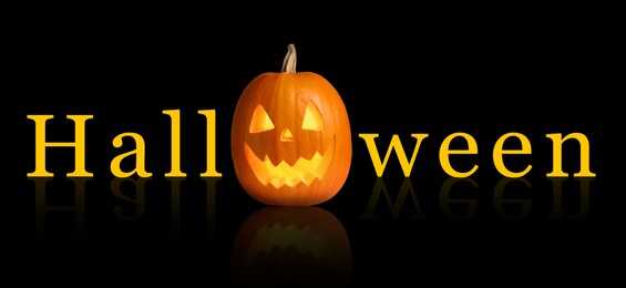 Image of Halloween poster, banner design. Spooky Jack-O-Lantern instead of letter O against black background