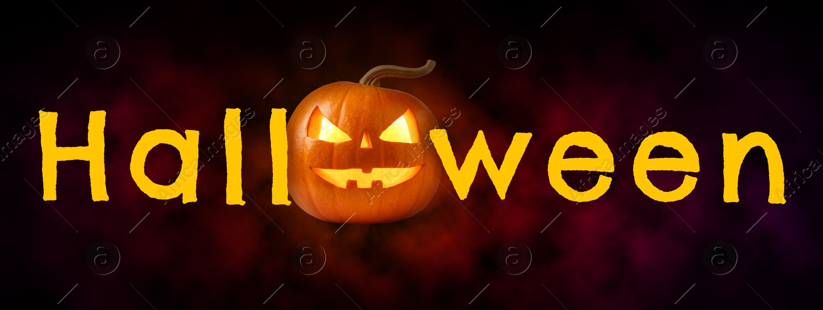 Image of Halloween poster, banner design. Spooky Jack-O-Lantern instead of letter O against black background
