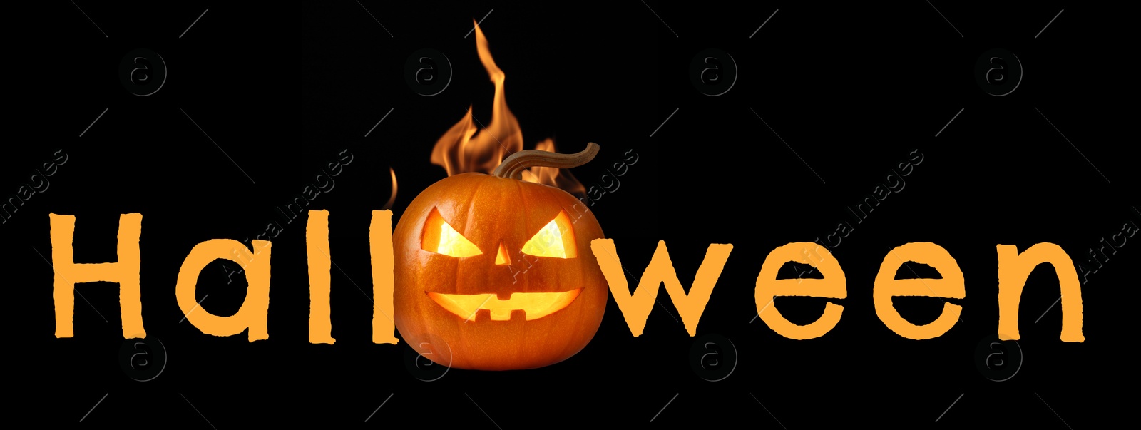 Image of Halloween poster, banner design. Spooky Jack-O-Lantern with flames instead of letter O against black background