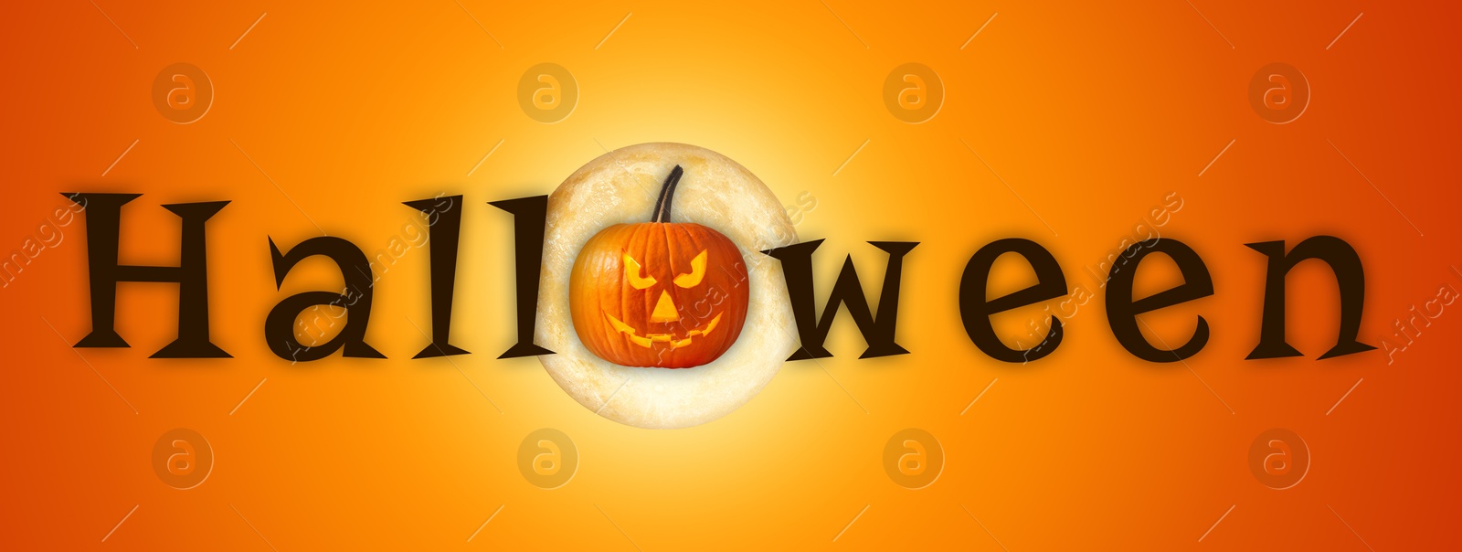 Image of Halloween poster, banner design. Spooky Jack-O-Lantern and full moon instead of letter O against orange gradient background