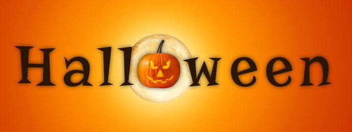 Image of Halloween poster, banner design. Spooky Jack-O-Lantern and full moon instead of letter O against orange gradient background