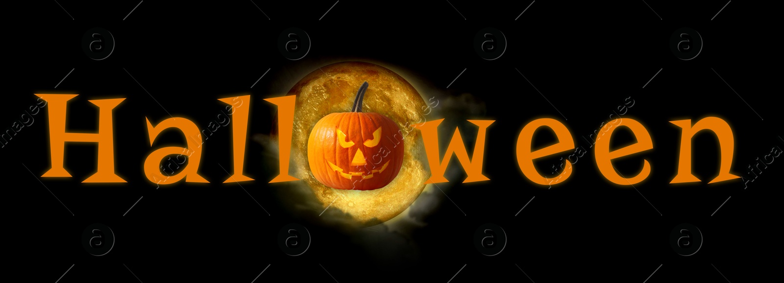 Image of Halloween poster, banner design. Spooky Jack-O-Lantern and full moon instead of letter O against black background