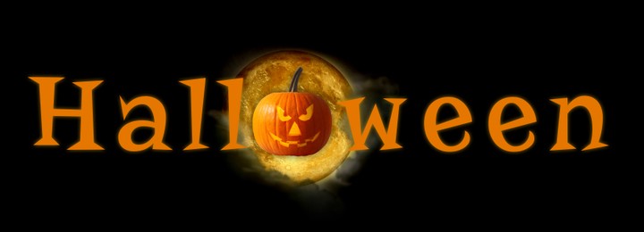 Image of Halloween poster, banner design. Spooky Jack-O-Lantern and full moon instead of letter O against black background