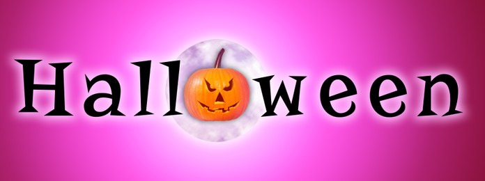 Image of Halloween poster, banner design. Spooky Jack-O-Lantern and full moon instead of letter O against gradient background