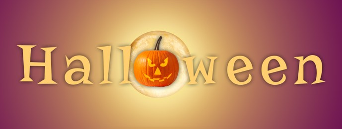 Image of Halloween poster, banner design. Spooky Jack-O-Lantern and full moon instead of letter O against gradient background