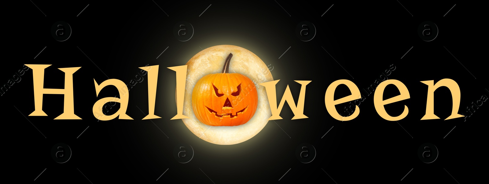 Image of Halloween poster, banner design. Spooky Jack-O-Lantern and full moon instead of letter O against black background
