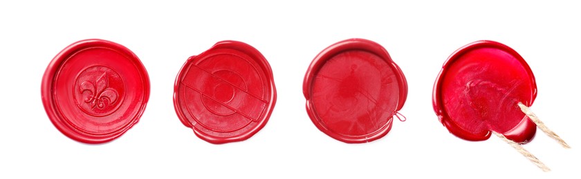 Image of Red wax seals isolated on white, set. Top view