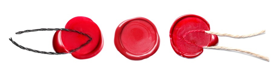 Image of Red wax seals isolated on white, set. Top view