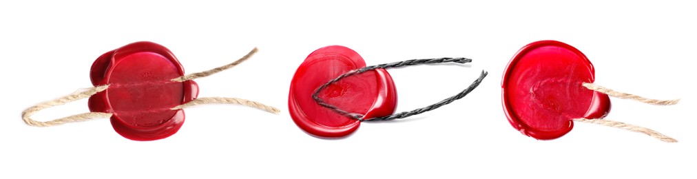 Image of Red wax seals with twine isolated on white, set. Top view