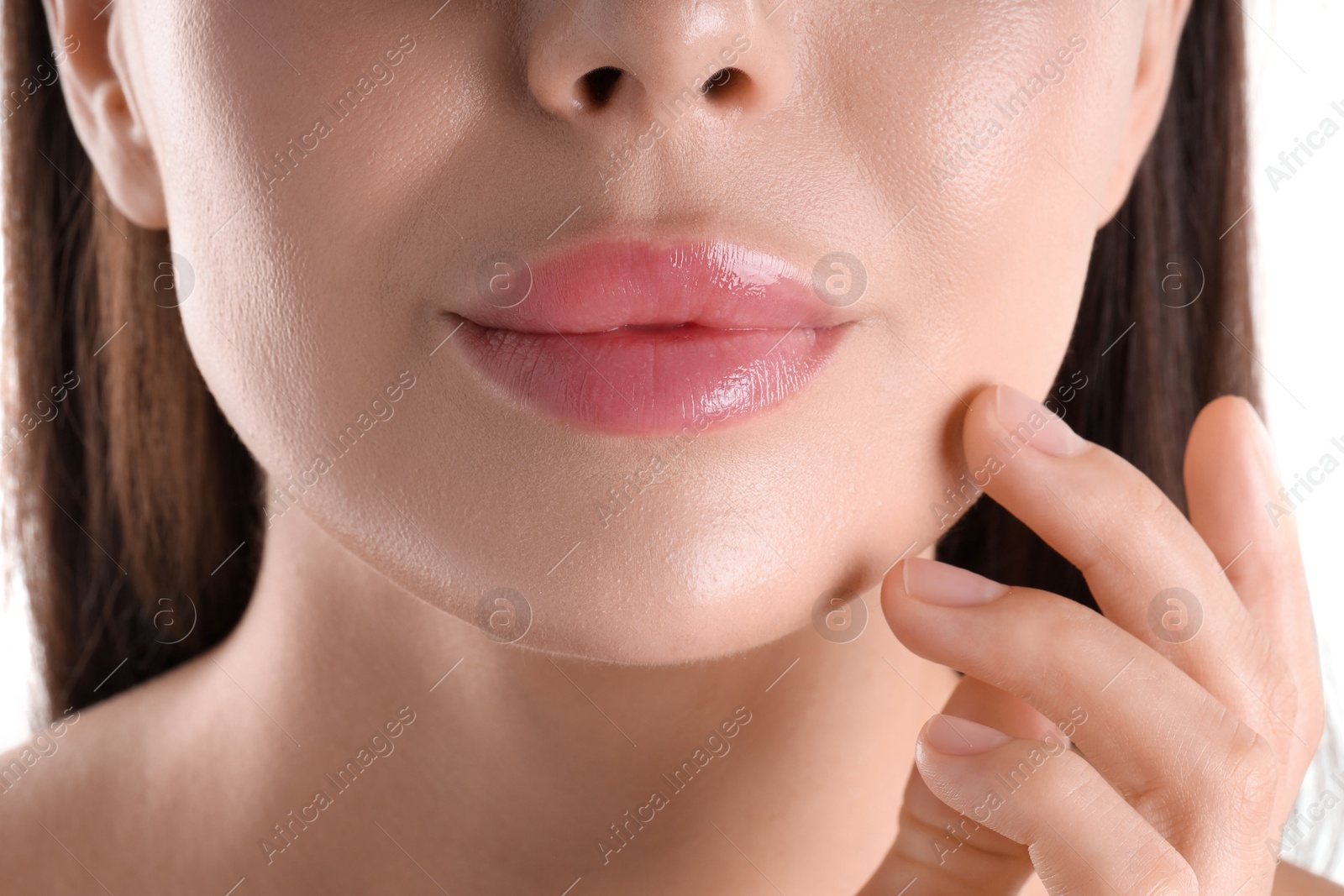 Photo of Woman with beautiful lips on white background, closeup