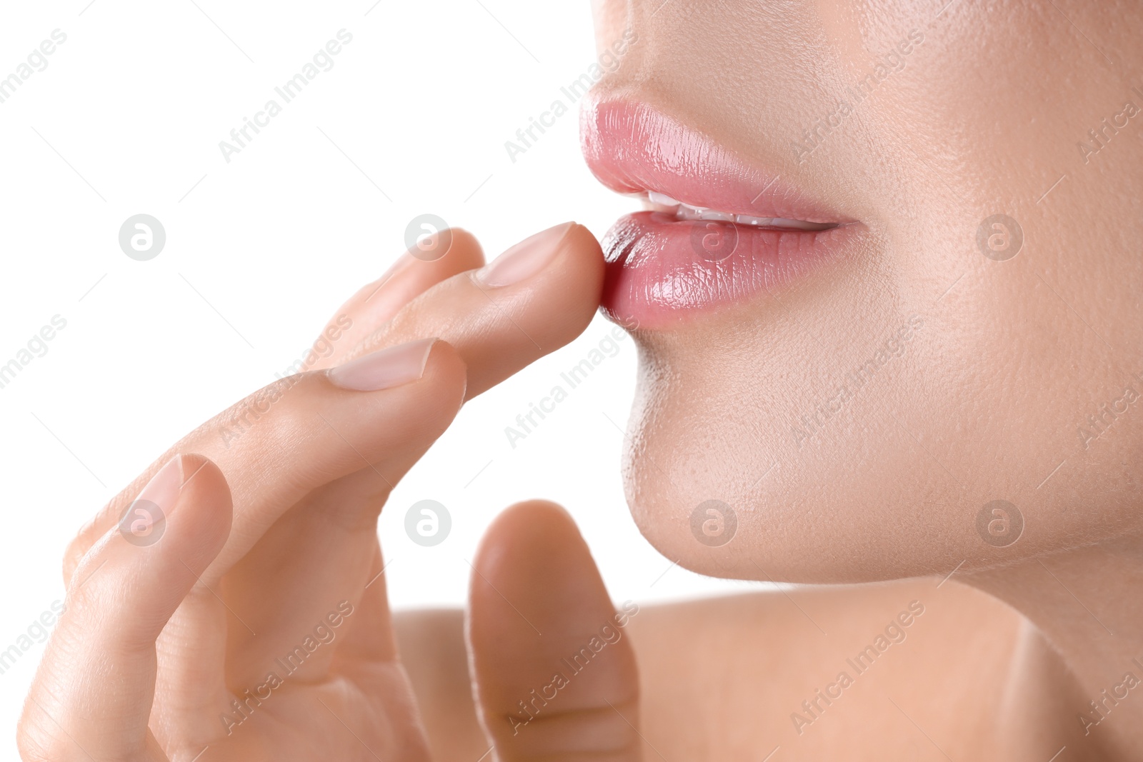 Photo of Woman with beautiful lips on white background, closeup