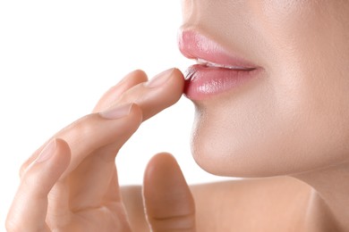 Photo of Woman with beautiful lips on white background, closeup