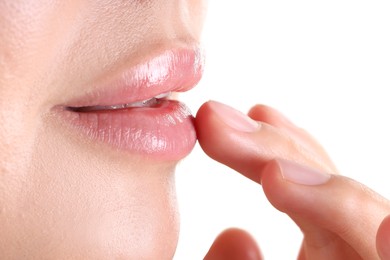 Photo of Woman with beautiful lips on white background, closeup