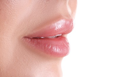 Photo of Woman with beautiful lips on white background, closeup