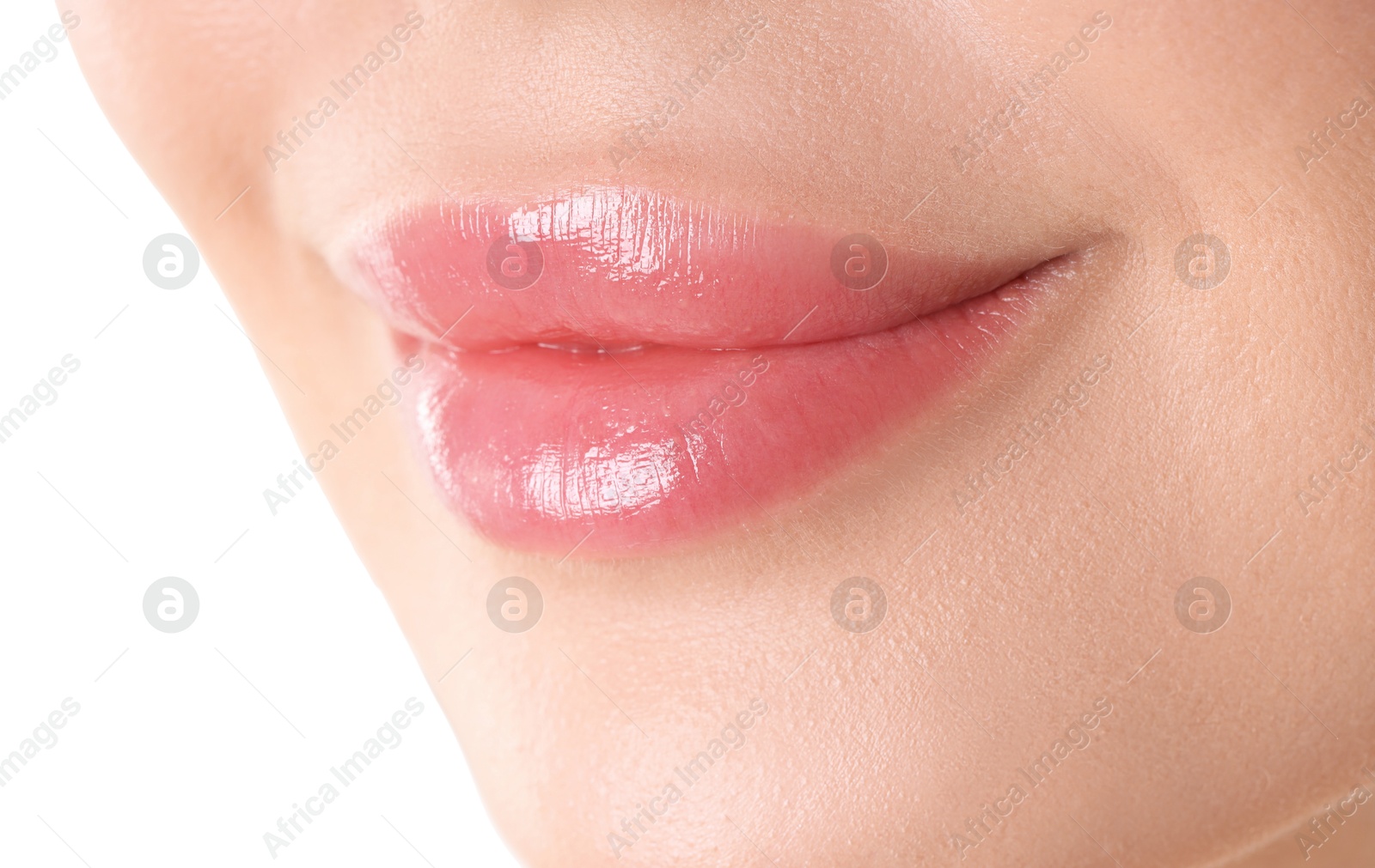 Photo of Woman with beautiful lips on white background, closeup