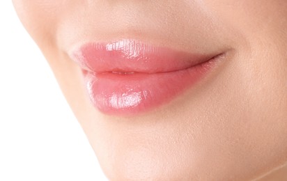 Photo of Woman with beautiful lips on white background, closeup