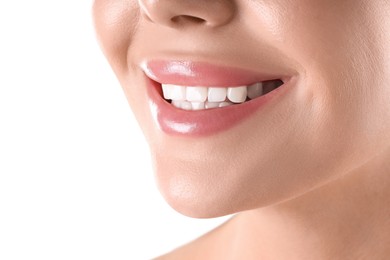 Photo of Woman with beautiful lips on white background, closeup