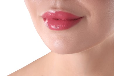 Photo of Woman with beautiful pink lipstick on her lips against white background, closeup