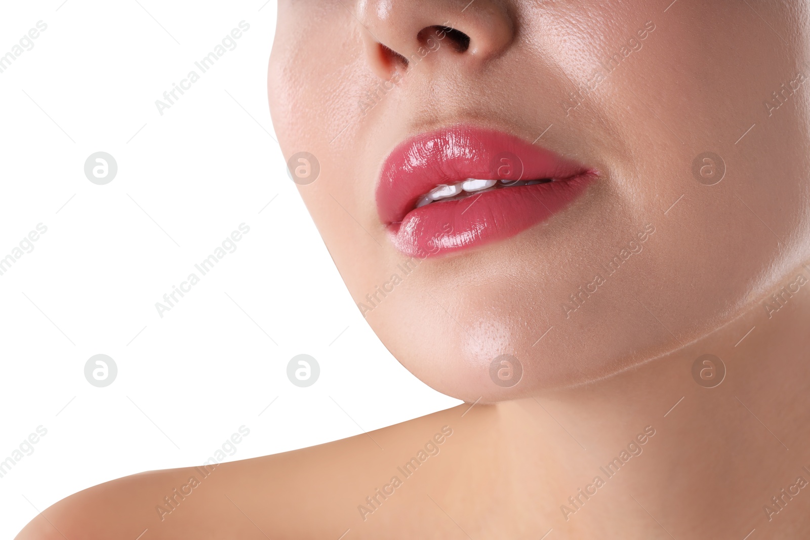 Photo of Woman with beautiful pink lipstick on her lips against white background, closeup