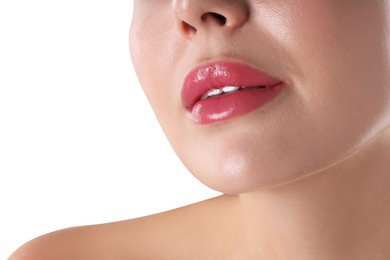 Photo of Woman with beautiful pink lipstick on her lips against white background, closeup