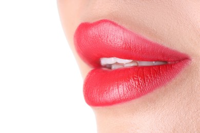 Photo of Woman with beautiful red lipstick on her lips against white background, closeup