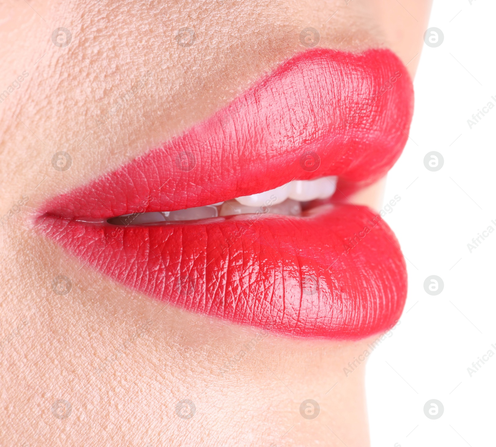 Photo of Woman with beautiful red lipstick on her lips against white background, closeup