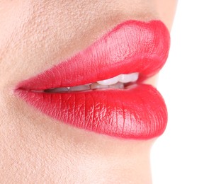 Photo of Woman with beautiful red lipstick on her lips against white background, closeup