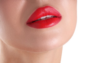 Photo of Woman with beautiful red lipstick on her lips against white background, closeup