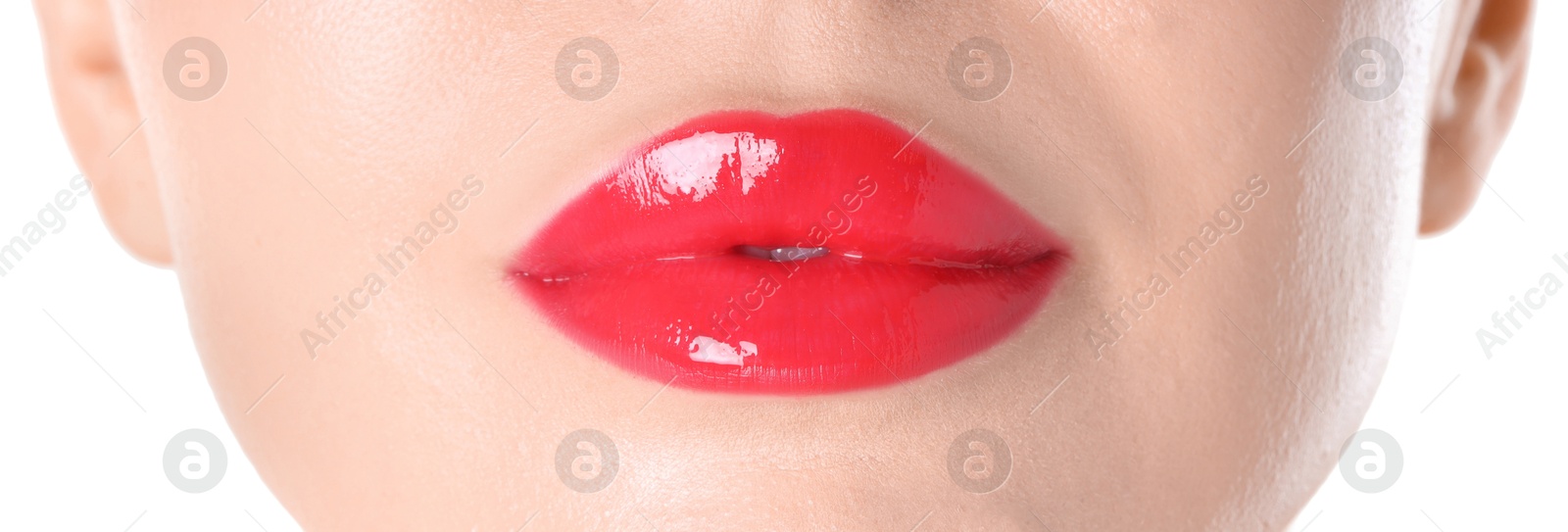 Photo of Woman with beautiful red lipstick on her lips against white background, closeup