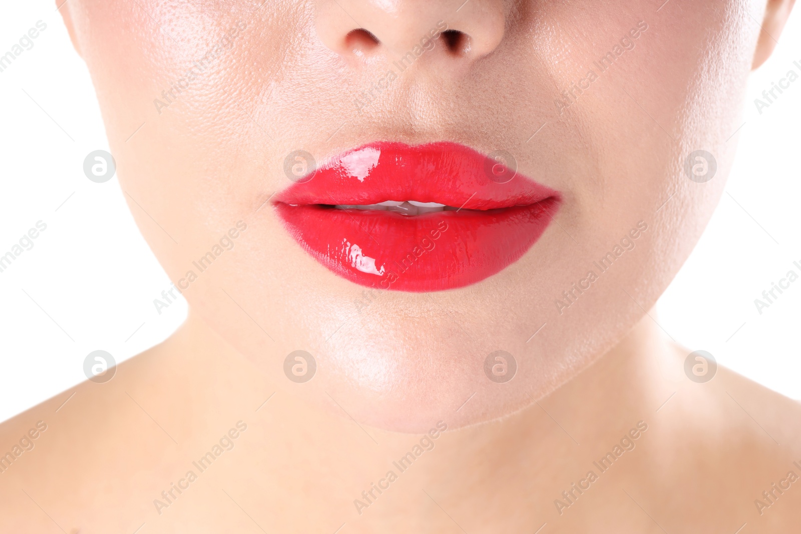 Photo of Woman with beautiful red lipstick on her lips against white background, closeup