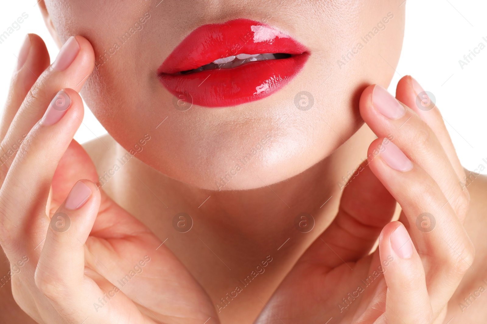 Photo of Woman with beautiful red lipstick on her lips against white background, closeup