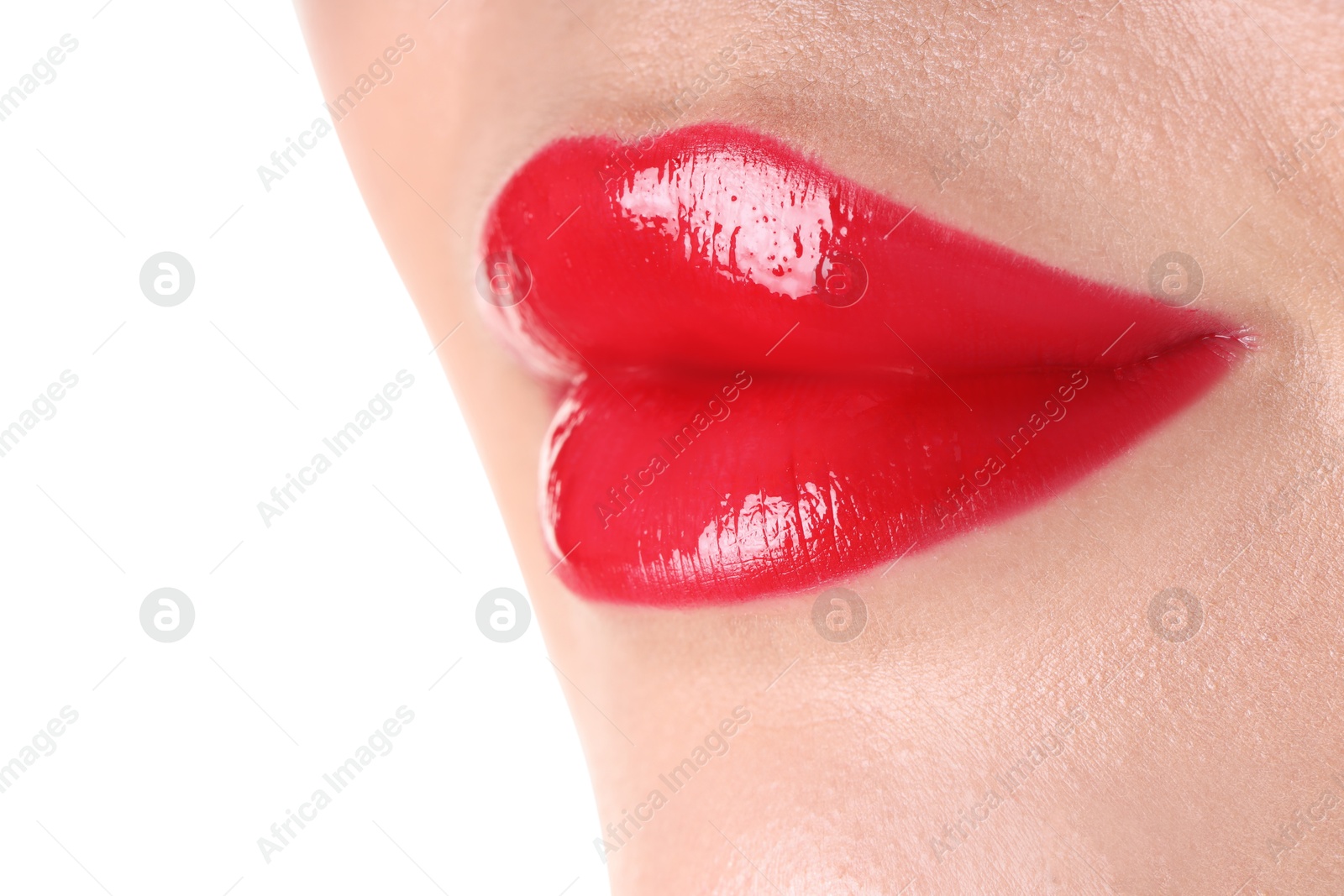 Photo of Woman with beautiful red lipstick on her lips against white background, closeup