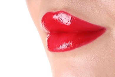 Photo of Woman with beautiful red lipstick on her lips against white background, closeup