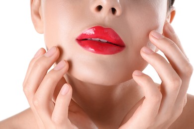 Photo of Woman with beautiful red lipstick on her lips against white background, closeup