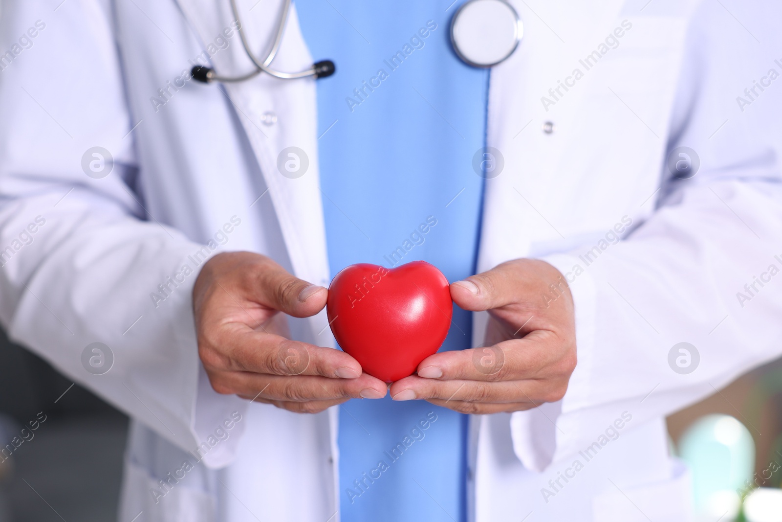 Photo of Pediatrician with heart model in hospital, closeup