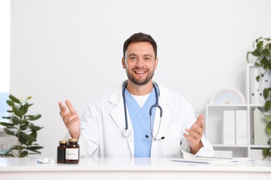 Photo of Pediatrician having video call with patient, view from camera