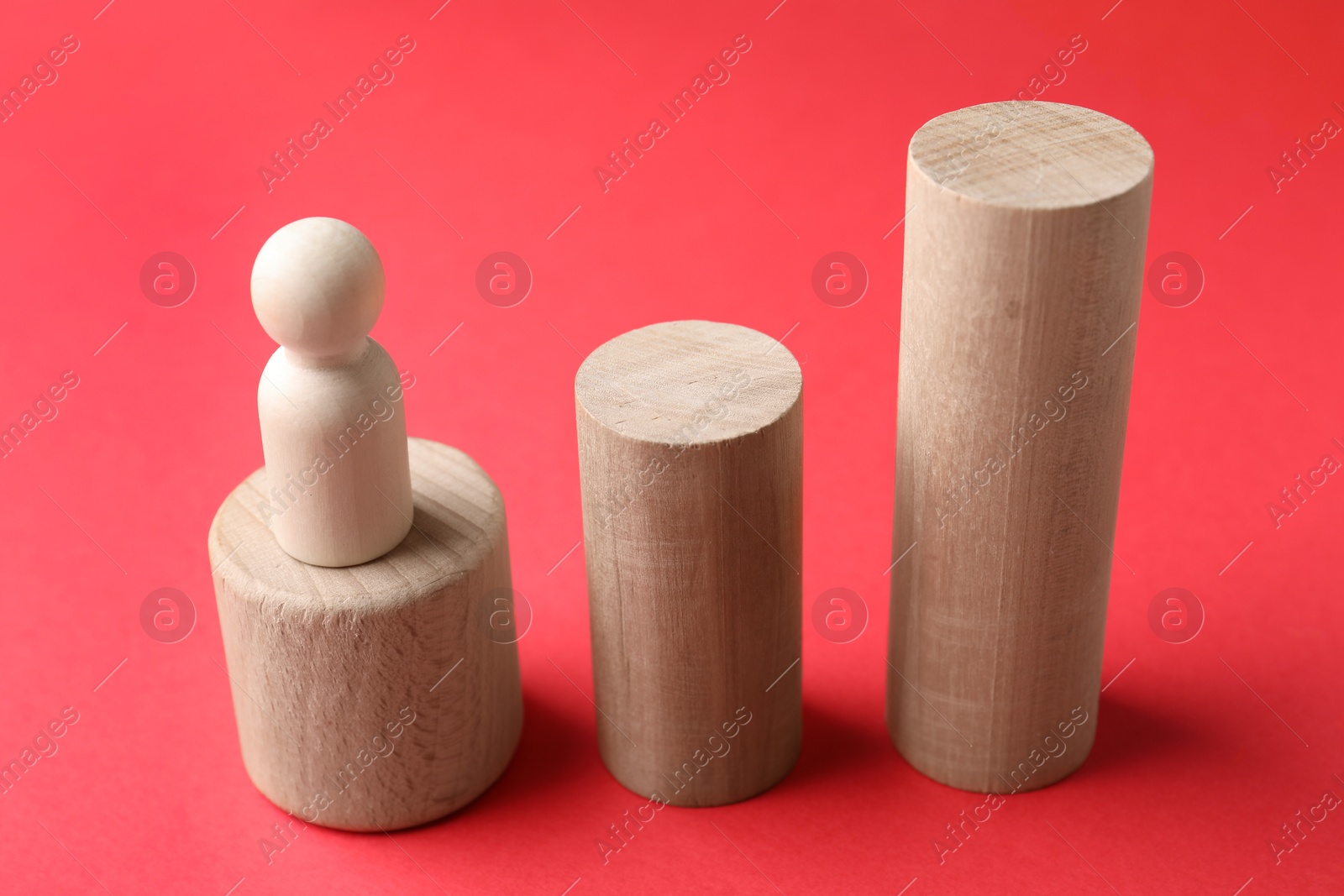 Photo of Risk. Wooden blocks and figure on red background, closeup