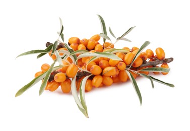 Photo of Fresh sea buckthorn berries with green leaves isolated on white