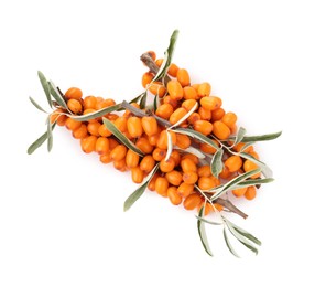 Photo of Fresh sea buckthorn berries with green leaves isolated on white, top view