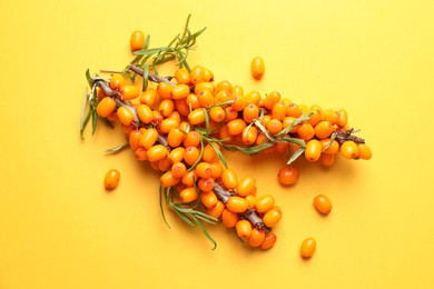 Photo of Branches with ripe sea buckthorn berries and leaves on yellow background, flat lay