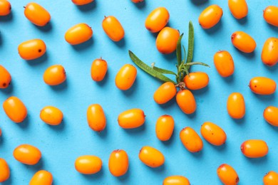 Photo of Ripe sea buckthorn berries and leaves on light blue background, flat lay