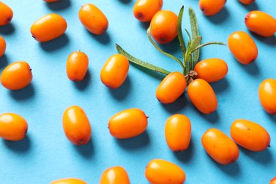 Photo of Ripe sea buckthorn berries and leaves on light blue background, flat lay