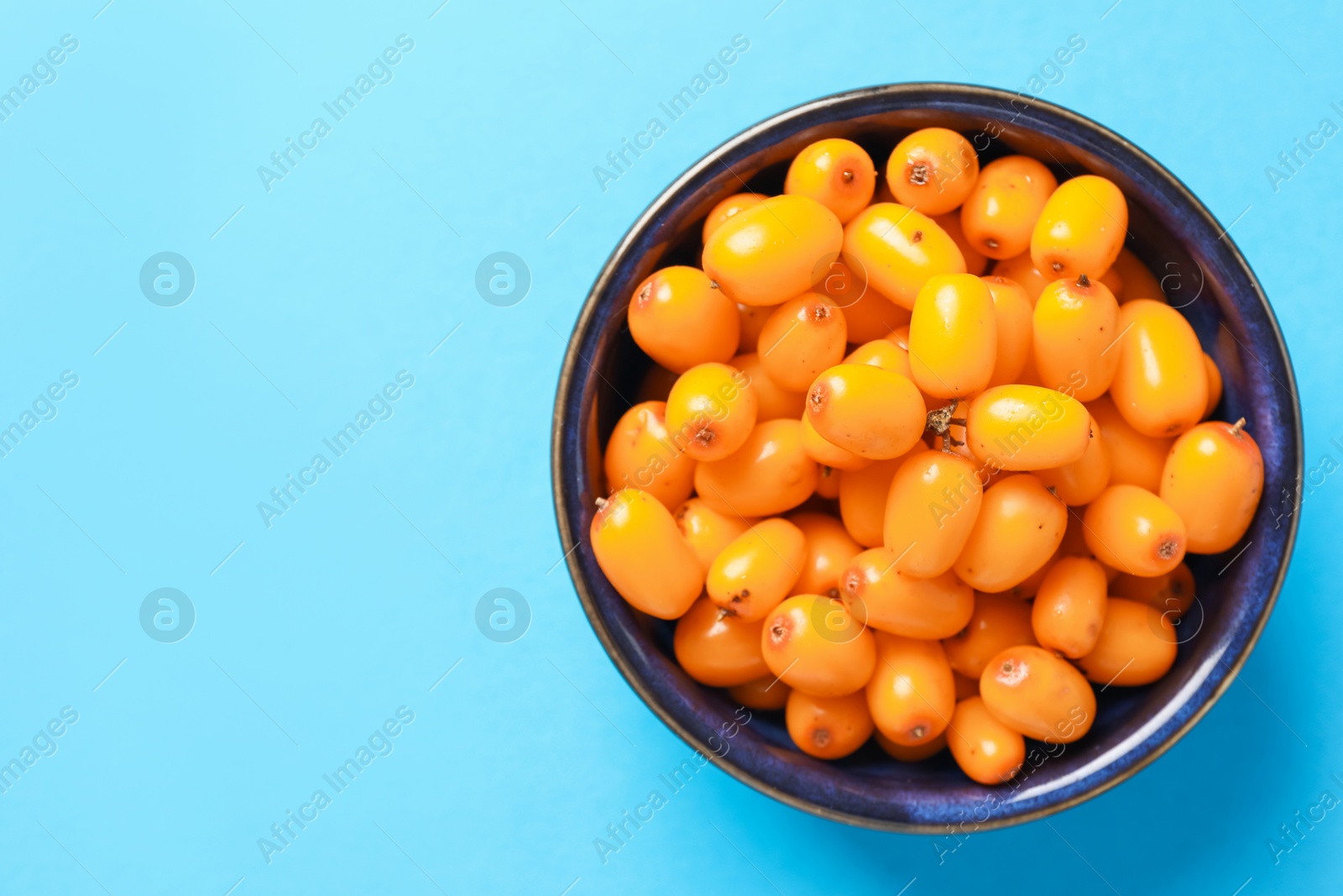 Photo of Ripe sea buckthorn berries in bowl on light blue background, top view. Space for text